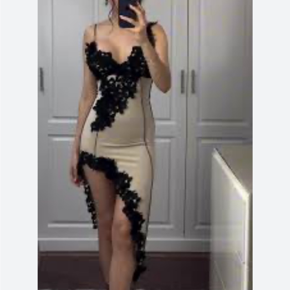 Micas Asymmetric Lace Panel Midi Dress